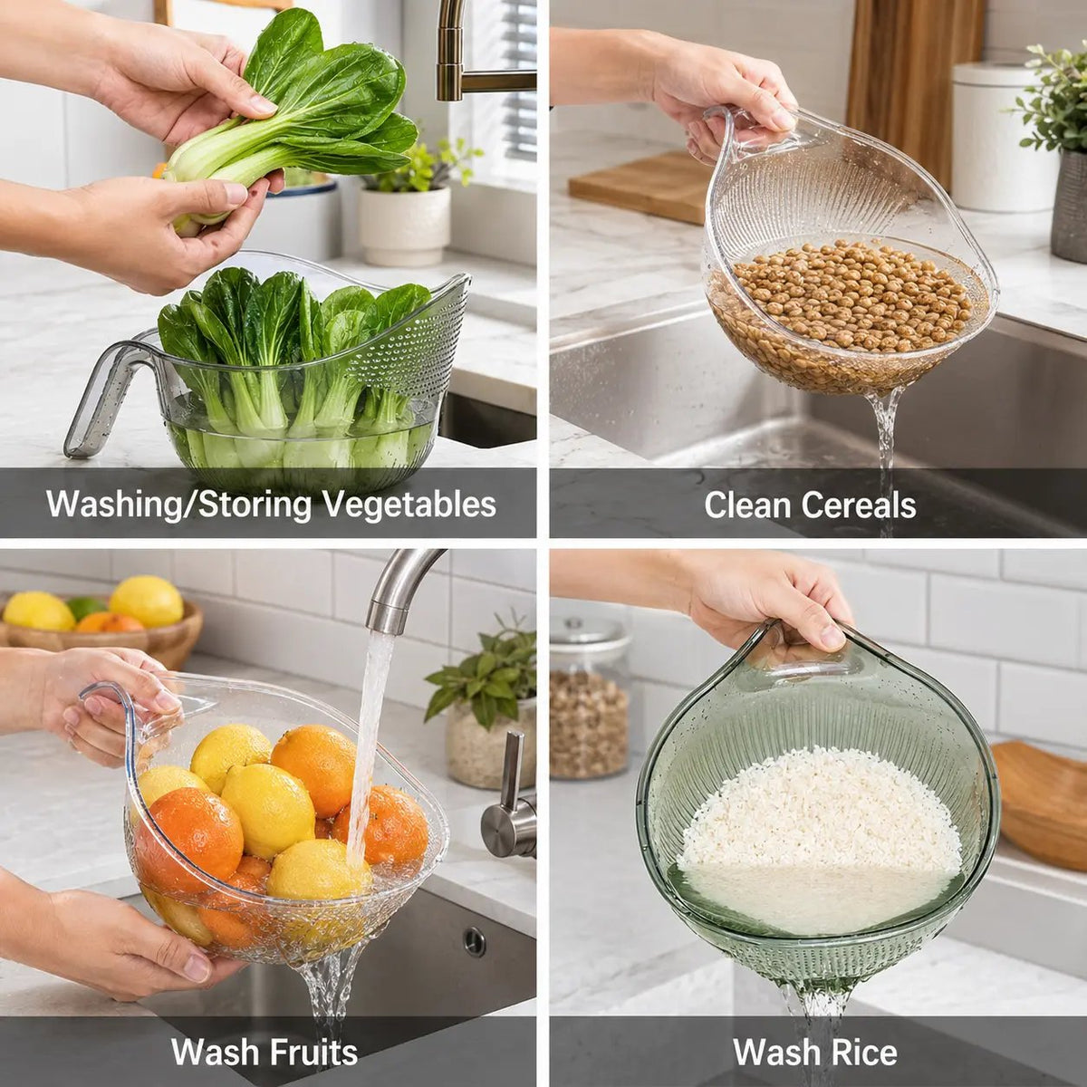 🎉Multi-Functional Rice Strainer with Handle, BPA-Free Kitchen Colander