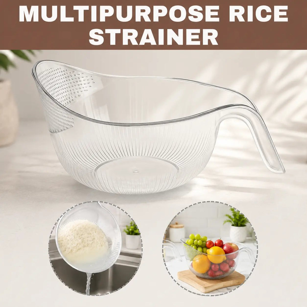 🎉Multi-Functional Rice Strainer with Handle, BPA-Free Kitchen Colander