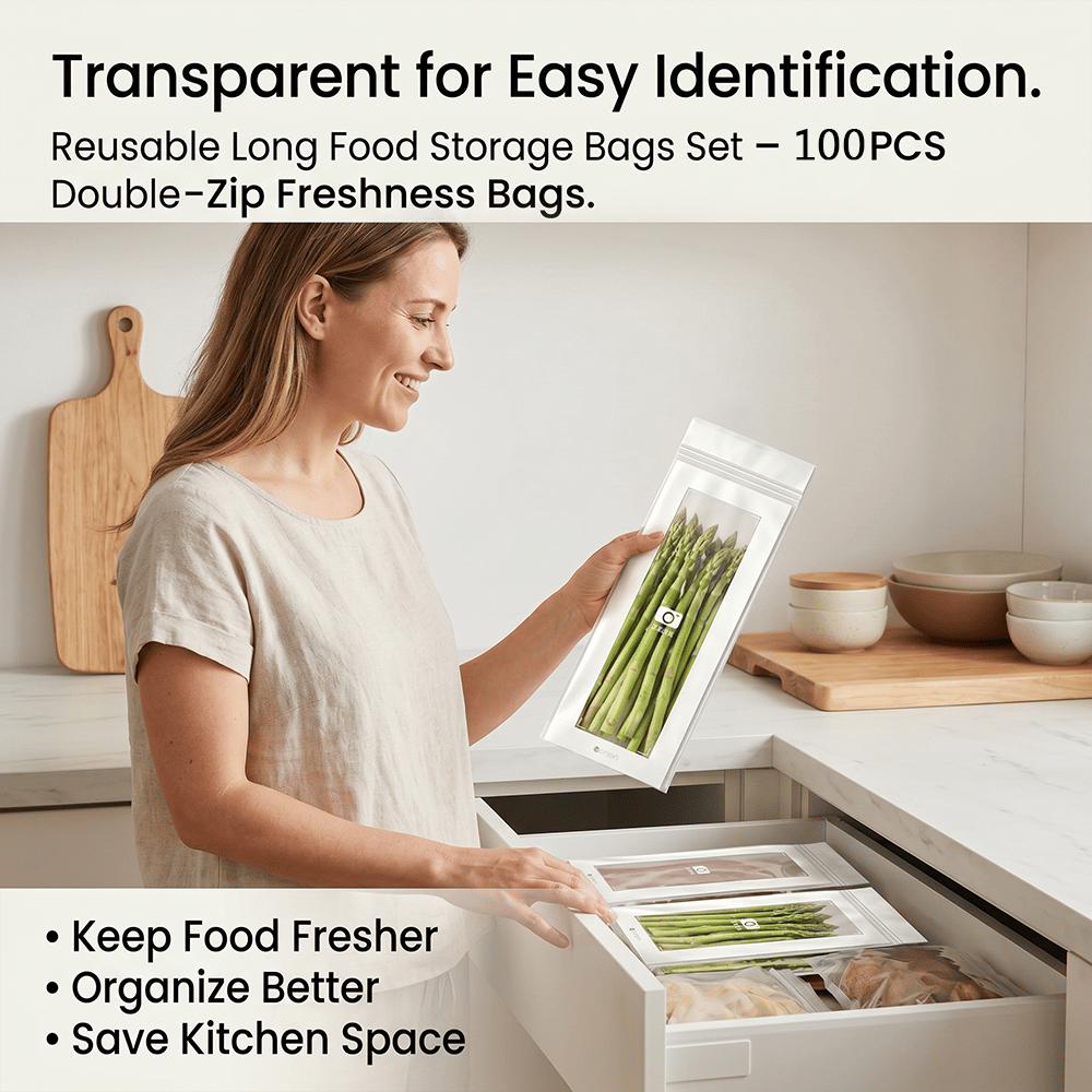 🔥 49% OFF Limited Offer – 🥬 60/120PCS Reusable Long Food Storage Bags, Double-Zip Seal Freshness Bags for Kitchen