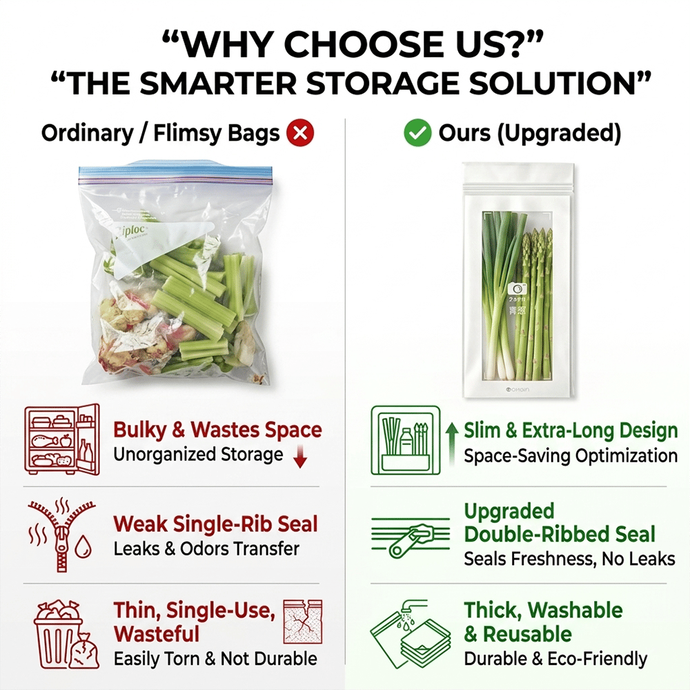 🔥 49% OFF Limited Offer – 🥬 60/120PCS Reusable Long Food Storage Bags, Double-Zip Seal Freshness Bags for Kitchen