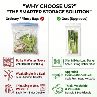 🔥 49% OFF Limited Offer – 🥬 60/120PCS Reusable Long Food Storage Bags, Double-Zip Seal Freshness Bags for Kitchen