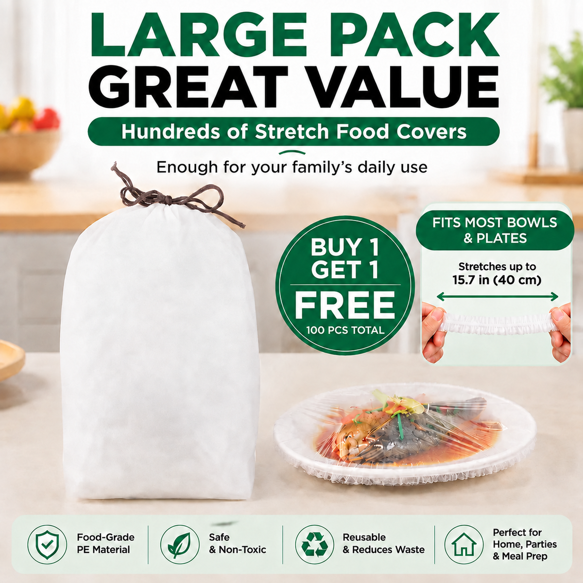 BUY 1 GET 1 FREE — 100PCS Disposable Stretch Food Covers for Bowls & Plates