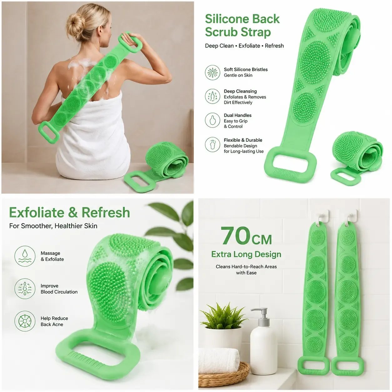🛁 Silicone Bath Brush Back Scrubber with Handles