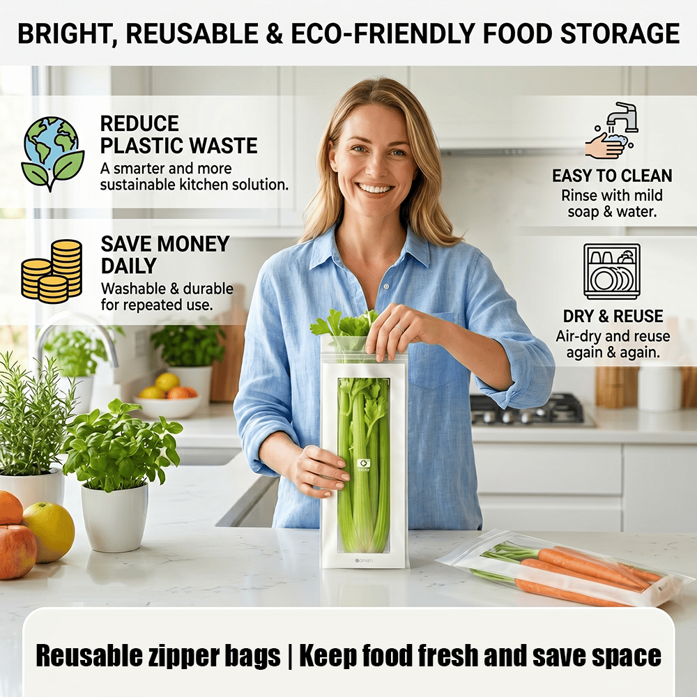 🔥 49% OFF Limited Offer – 🥬 60/120PCS Reusable Long Food Storage Bags, Double-Zip Seal Freshness Bags for Kitchen