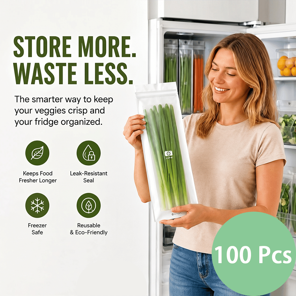 🔥 49% OFF Limited Offer – 🥬 60/120PCS Reusable Long Food Storage Bags, Double-Zip Seal Freshness Bags for Kitchen