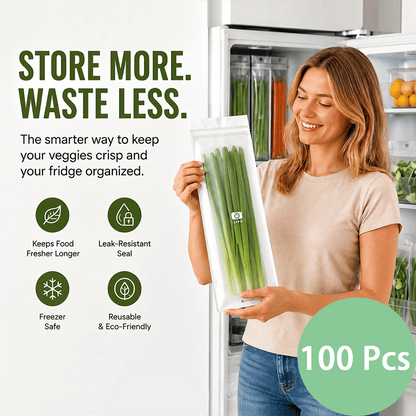 🔥 49% OFF Limited Offer – 🥬 60/120PCS Reusable Long Food Storage Bags, Double-Zip Seal Freshness Bags for Kitchen